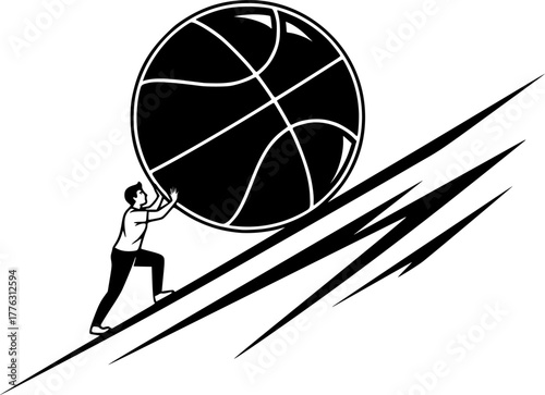Uphill Struggle: Depicts an individual pushing a massive basketball uphill, symbolizing determination, challenges, and the relentless pursuit of goals.