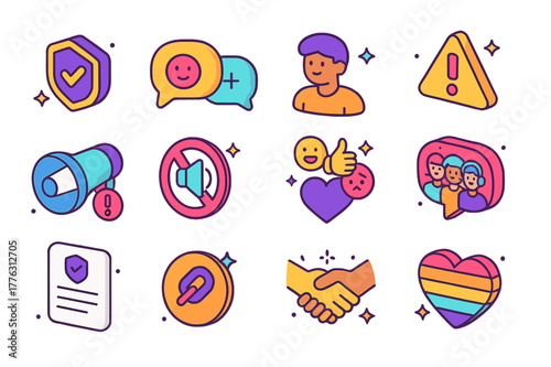 Colorful Community Icons Set. Online community support. Colorful isometric vector icons set of Online community support: community moderator badge, positive