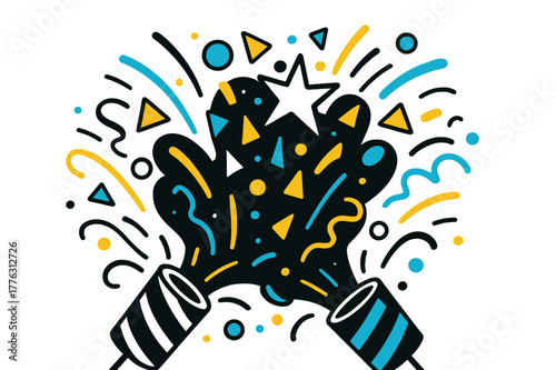 Colorful Confetti Celebration. Confetti Explosion. Confetti cannons shooting colorful pieces with floating abstract geometric shapes and soft glowing accents,