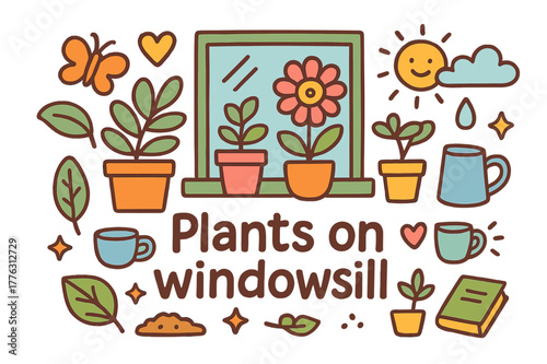 Windowsill Plant Doodles. Plants on windowsill. Hand-drawn doodle illustration of plants on windowsill. Potted