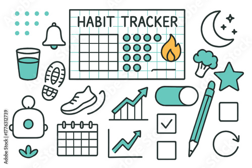 Habit Tracker Icons. // Habit tracker. Hand-drawn doodle illustration habit tracker [grid sheet (accented), daily dots (accented), streak flame (accented),