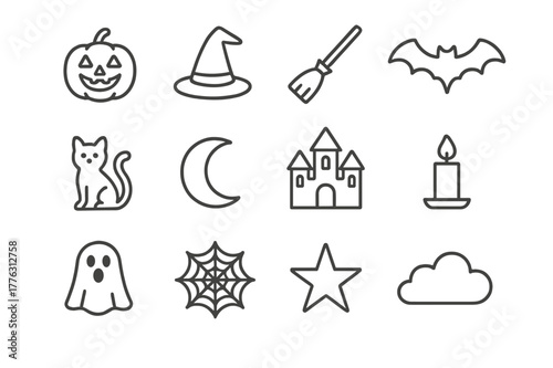 Halloween Icon Collection. Halloween night. Line icon set of halloween night: pumpkin, witch hat, broomstick, bat, cat, moon, castle, candle, ghost, spider