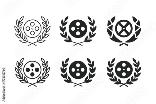 Film Festival Logos. film festivals. Set Logo of film festivals: laurel wreath encircling a film reel. Icon set. harmonious logo variations of the same