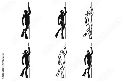 Freediving Logo Variations. Freediving. Set Logo of Freediving: diver along descent line. harmonious logo variations of the same emblematic concept, each with