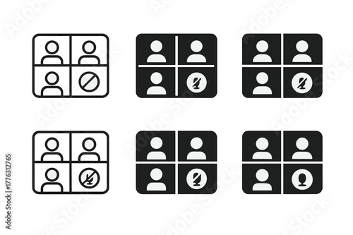 Remote Leadership Logos. Remote leadership challenges. Set Logo of remote leadership challenges: video conference grid with one muted tile. Icon set.
