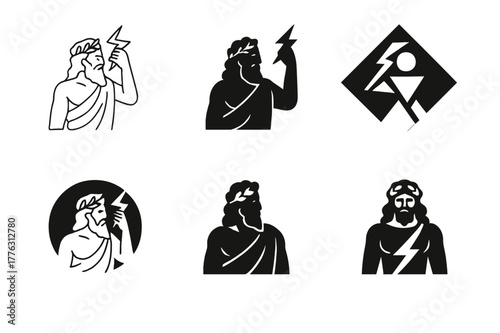 Ancient Deity Logos. Ancient gods and goddesses in a mystical landscape. Set Logo of Ancient gods and goddesses in a mystical landscape: Zeus thunderbolt. Icon