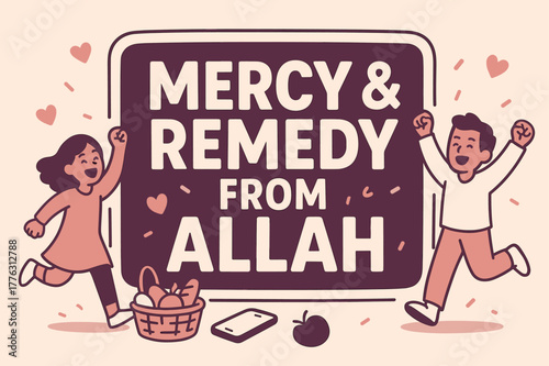 Mercy & Remedy Celebration. Mercy & Remedy from Allah banner, flat vector illustration, bold oversized text inside sticker outline, cartoon characters running