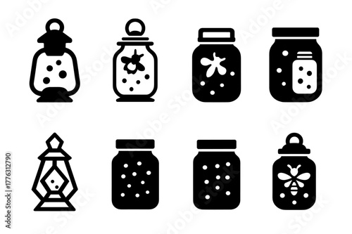 Firefly Lantern Logos. Catching fireflies. Set Logo of catching fireflies: lantern and jar duo. Icon set. harmonious logo variations of the same emblematic