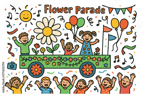 Vibrant Flower Parade. Flower parade. Colorful Hand-drawn doodle Children illustration Flower parade decorated float, garlands, crowd cheering, music notes,