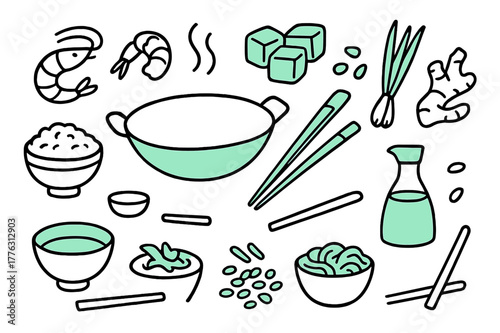 Vibrant Asian Cuisine Icons. // Asian cuisine. Hand-drawn doodle illustration Asian cuisine [wok pan (accented), chopsticks (accented), rice bowl, soy sauce