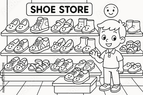 Smiling Shoe Store. Shoe store children?s coloring book illustration, outlined drawing, cartoon shop with