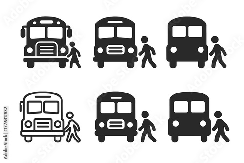 School Bus Logos. Getting the kids ready for school. Set Logo of Getting the kids ready for school: school bus at curb with child silhouette. Icon set.