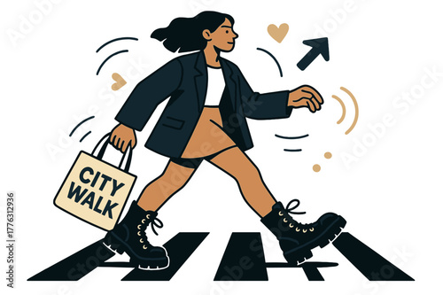 Urban Chic Strut. Street style with boots. Oversized blazer, mini skirt, and chunky laced boots pacing across crosswalk stripes; tote reads ?CITY WALK.? Bold,