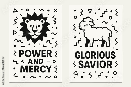 Lion and Lamb Banners. Lion and Lamb. Two vertical A6 banners with safe margins, centered composition, no elements touching edges, memphis, black and white,