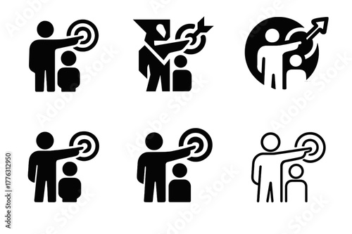 Mentorship Icons Grid. A mentor guiding a student in career choices and personal development. Set Logo of A mentor guiding a student in career choices and