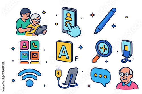 Senior Tech Assistance Icons. Technology assistance for seniors. Colorful isometric vector icons set of Technology assistance for seniors: caregiver helping