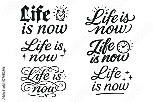 Life in Calligraphy. Life is now. Create a calligraphy lettering illustration of the phrase: Life is now.