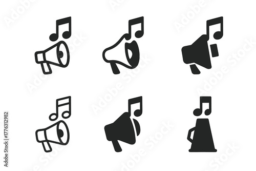 Music Video Logos. Music video shoots and production. Set Logo of Music video shoots and production: director?s megaphone with note. Icon set. harmonious logo