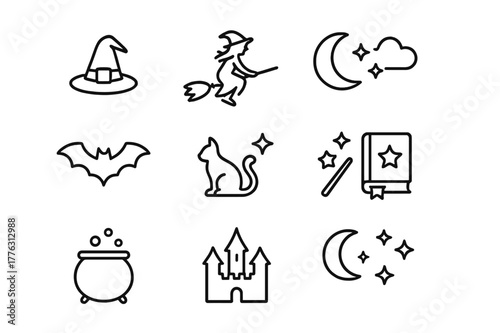 Broomstick Flight Icons. Flying on a broomstick. Line icon set of broomstick flight: witch hat, broomstick, moon, stars, clouds, bat, cat, wand, spellbook,
