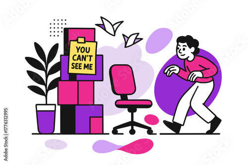 Office Hide and Peek. Office Hide and Peek. Rolling chair, tall plant, and box towers create hiding nooks; a sticky note reads ?You can?t see me.? The seeker