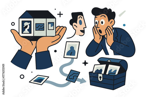 Art Market Impact. Art collectors and their impact on the market. Hands holding a miniature art gallery, a collector's eyes widening as they discover a new