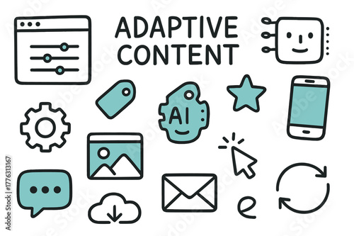 Adaptive Content Icons. // Adaptive content. Hand-drawn doodle illustration Adaptive content [browser window (accented), sliders (accented), gear, AI face,