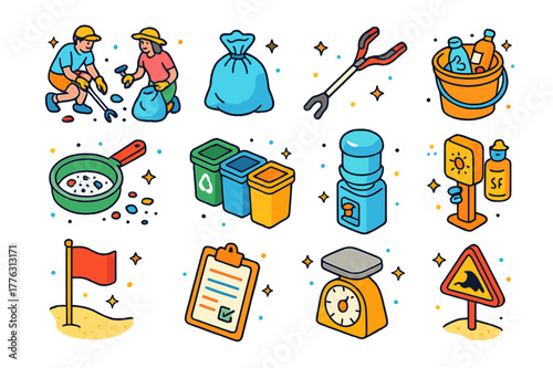 Beach Cleanup Icons. Beach cleanup. Colorful isometric vector icons set of beach cleanup: volunteers, trash bags, litter grabber tongs, buckets, microplastic