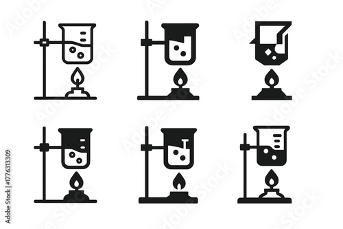 Science Experiment Logos. Teaching science experiments in schools. Icon set. Set Logo of teaching science experiments in schools: beaker and Bunsen burner