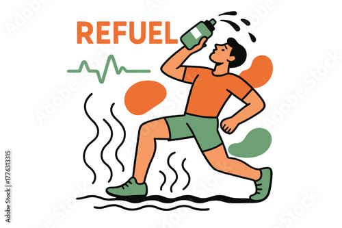 Post-Run Hydration. Sports Bottle After Run. Steam rises from the pavement; a runner tips a cold bottle, droplets arc ?Refuel.? Heartbeat lines soften to a