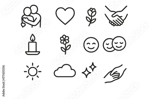 Intimate Icon Set. Intimate moment. Line outline icon set of intimate moment: two people hugging, heart,