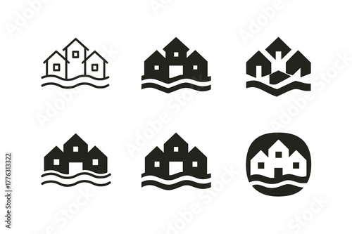 Floating Neighborhood Logos. Floating neighborhoods. Set Logo of floating neighborhoods: cluster of floating homes. Icon set. harmonious logo variations of the