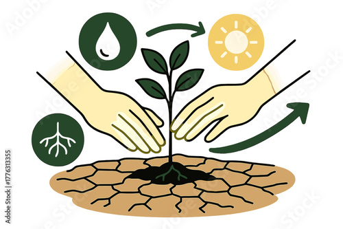 Land Restoration Dynamics. Rehabilitation techniques. Glowing hands planting saplings in dry soil, abstract