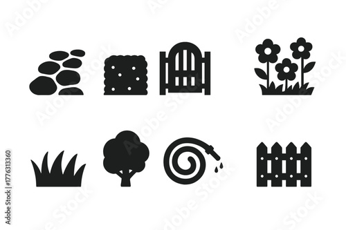 Garden Icons Set. Garden landscape. Filled icon set of garden landscape: stone path, trimmed hedge, garden