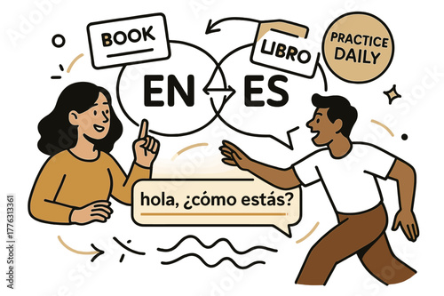 Bilingual Learning Dynamics. AI Assistants ? Language Tutor. Word cards drift between two bubbles labeled ?EN - ES?; pronunciation waves glide under