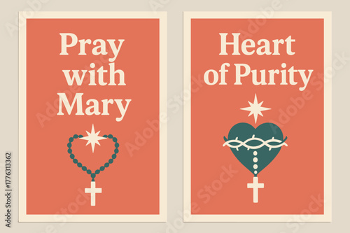 Devotional Banners. Devotion. Two vertical A6 banners with safe margins, centered composition, no elements touching edges, modern, coral and teal, rosary