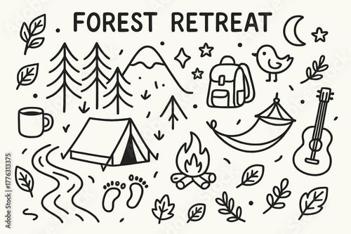 Forest Camping Doodle. Forest retreat. Hand-drawn doodle illustration forest retreat pine trees, tent, campfire, stream, leaves, footprints, mug, stars, moon,