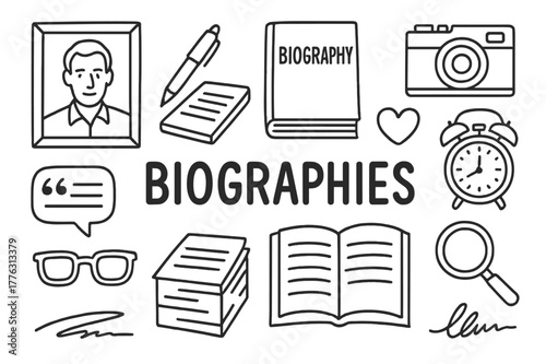 Biographies Doodle Icons. Biographies. Hand-drawn doodle illustration biographies portrait frame, pen, notebook, book cover, open page, calendar, camera,