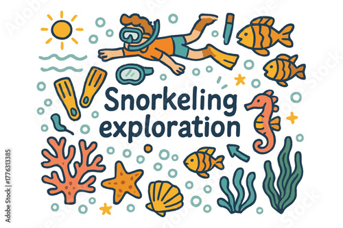 Snorkeling Adventure Doodle. Snorkeling exploration. Hand-drawn doodle illustration of snorkeling exploration.