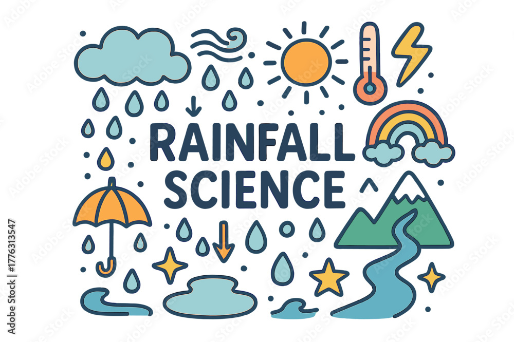 Naklejka premium Rainfall Science Doodle. Rainfall science. Hand-drawn doodle illustration of rainfall science. Cloud,
