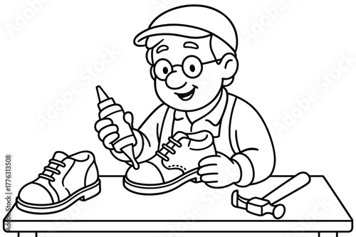 Friendly Cobbler Coloring Page. Shoe maker children?s coloring book illustration, outlined drawing, friendly