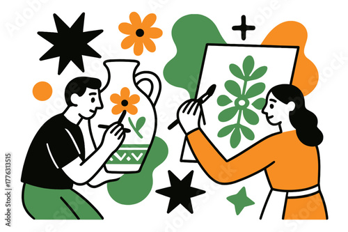 Vibrant Folk Art Design. Folk art creation. Artists painting traditional motifs on ceramics or textiles,