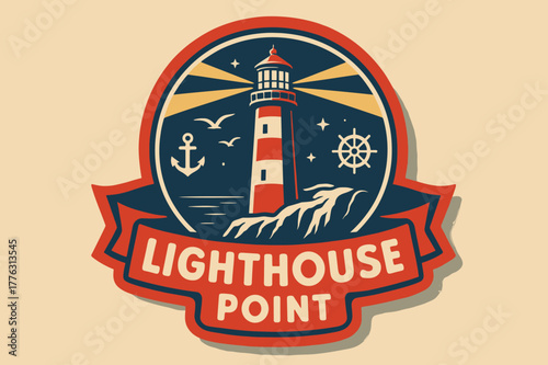 Retro Lighthouse Poster. Lighthouse Point ? Retro Poster; lettering: bold rounded; composition: ribboned seal with side icons; effects: halftone rim + gentle