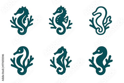 Coral Reef Emblems. A vibrant coral reef teeming with colorful fish, sea turtles, and coral formations. Set Logo of A vibrant coral reef teeming with colorful