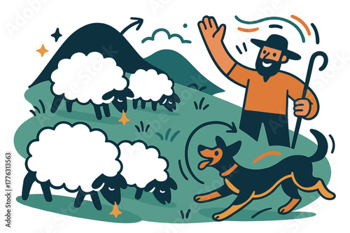 Playful Pastoral Scene. Grazing sheep. Woolly shapes nibble a green hillside as bells ping like tiny stars; a shepherd waves ?Hello, meadow!?. A playful dog