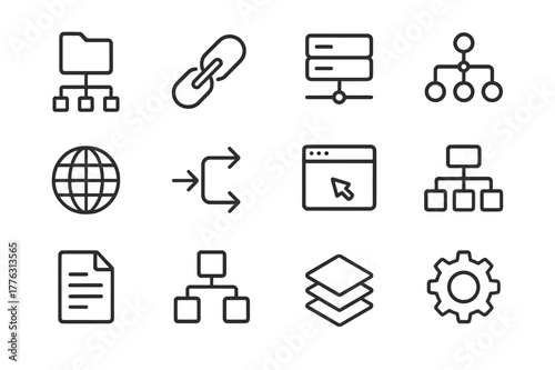 Structured Icon Set. Subdomains and structure. Line icon set of subdomains: folder tree, link chain, server, network node, globe, arrow path, browser, sitemap,