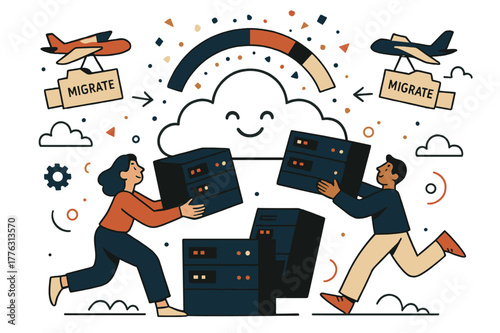 Cloud Migration Celebration. Cloud migration. Engineers lift server boxes into a smiling cloud; tiny planes carry files with ?Migrate? tags. A progress bar