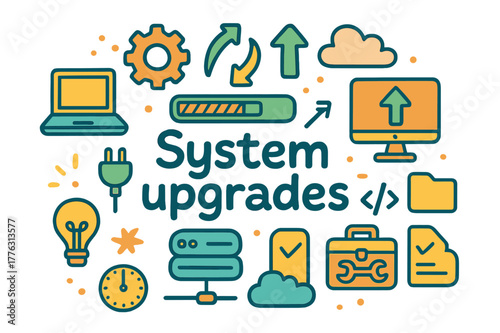 System Upgrade Doodle. System upgrades. Hand-drawn doodle illustration of system upgrades. Progress bar, gear,