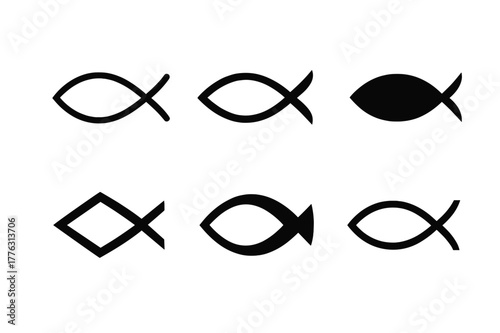 Ichthys Logo Variations. Christian denominations and their beliefs. Set Logo of Ichthys: Christian fish symbol. Icon set. harmonious logo variations of the