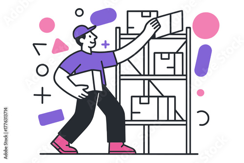 Geometric Warehouse Efficiency. Restocking Supplies. Warehouse worker placing boxes on high shelves with floating abstract geometric shapes, efficient and