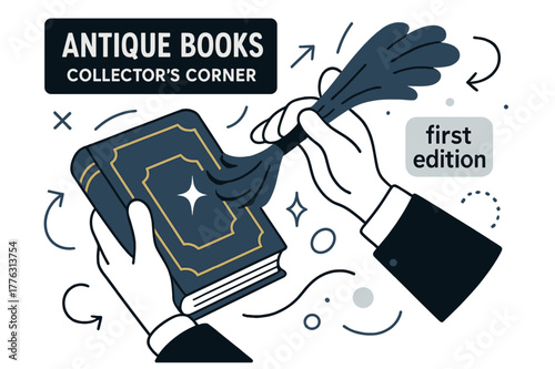 Elegant Book Dusting. Antique Books ? Collector?s Corner. Elegant hands dust off a gilded volume; subtle spark of reflection gleams from cover. Tag ?first
